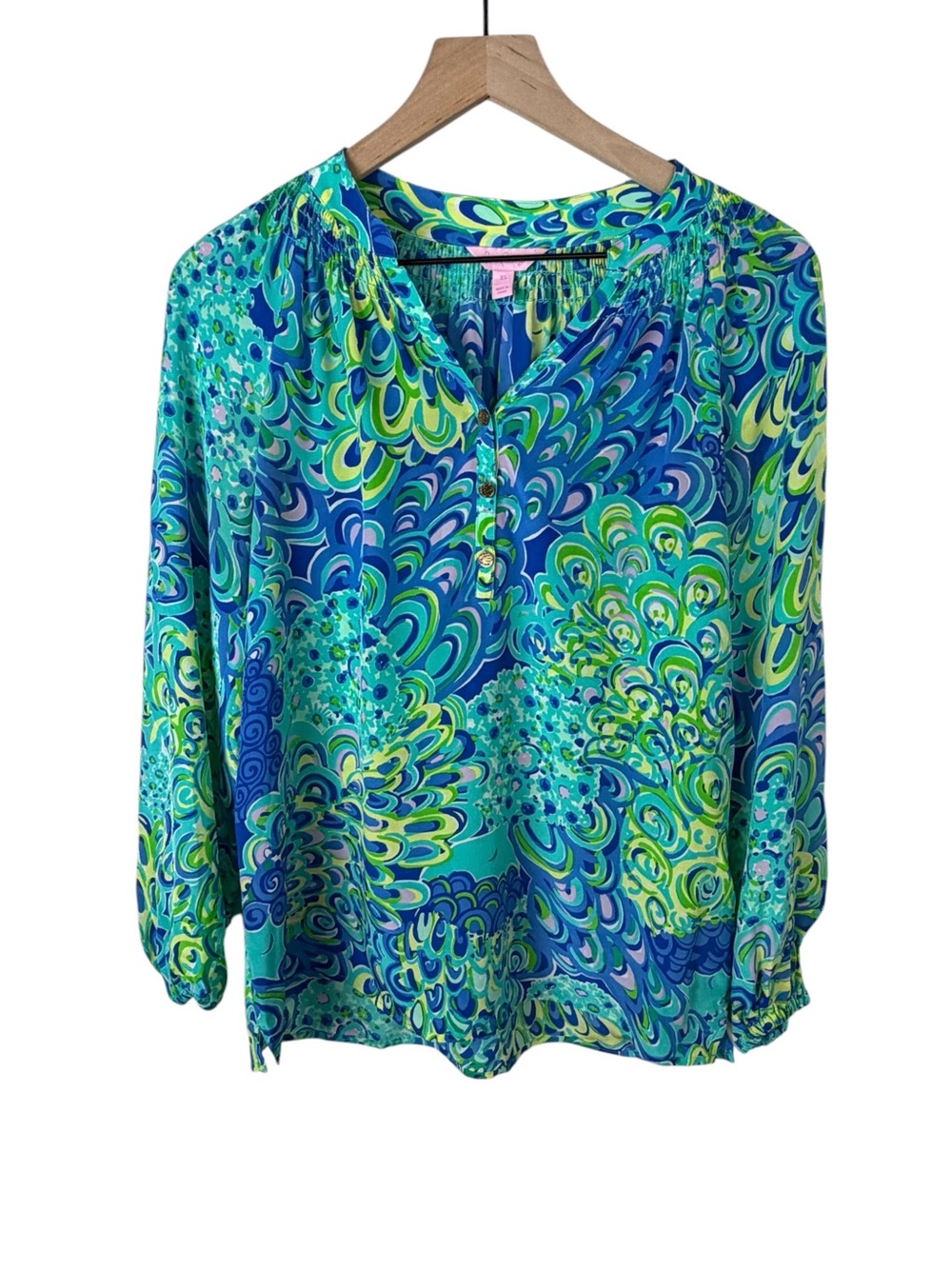 Lilly Pulitzer Elsa 100% Silk Lilly's Lagoon Smocked Blouse